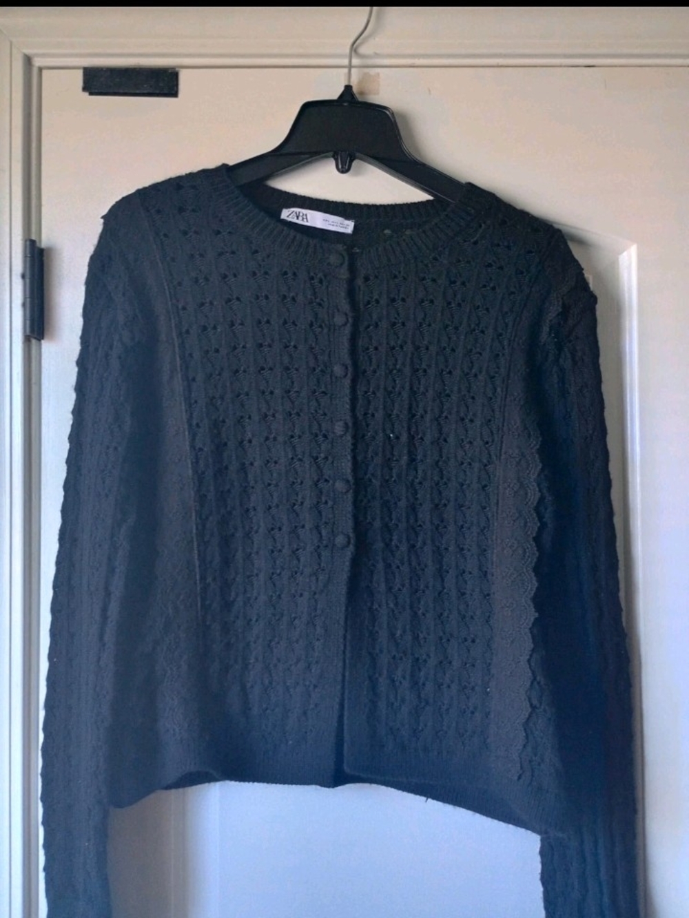 ZARA Black Knit Crochet Sweater Long Sleeve Ruffle Cuff Sz M Gothcore Chic Fairy